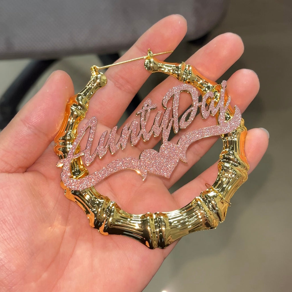 Glaceelaine Custom Name Bamboo Earrings ANYNAME can be added, made from real  Stainless Steel.